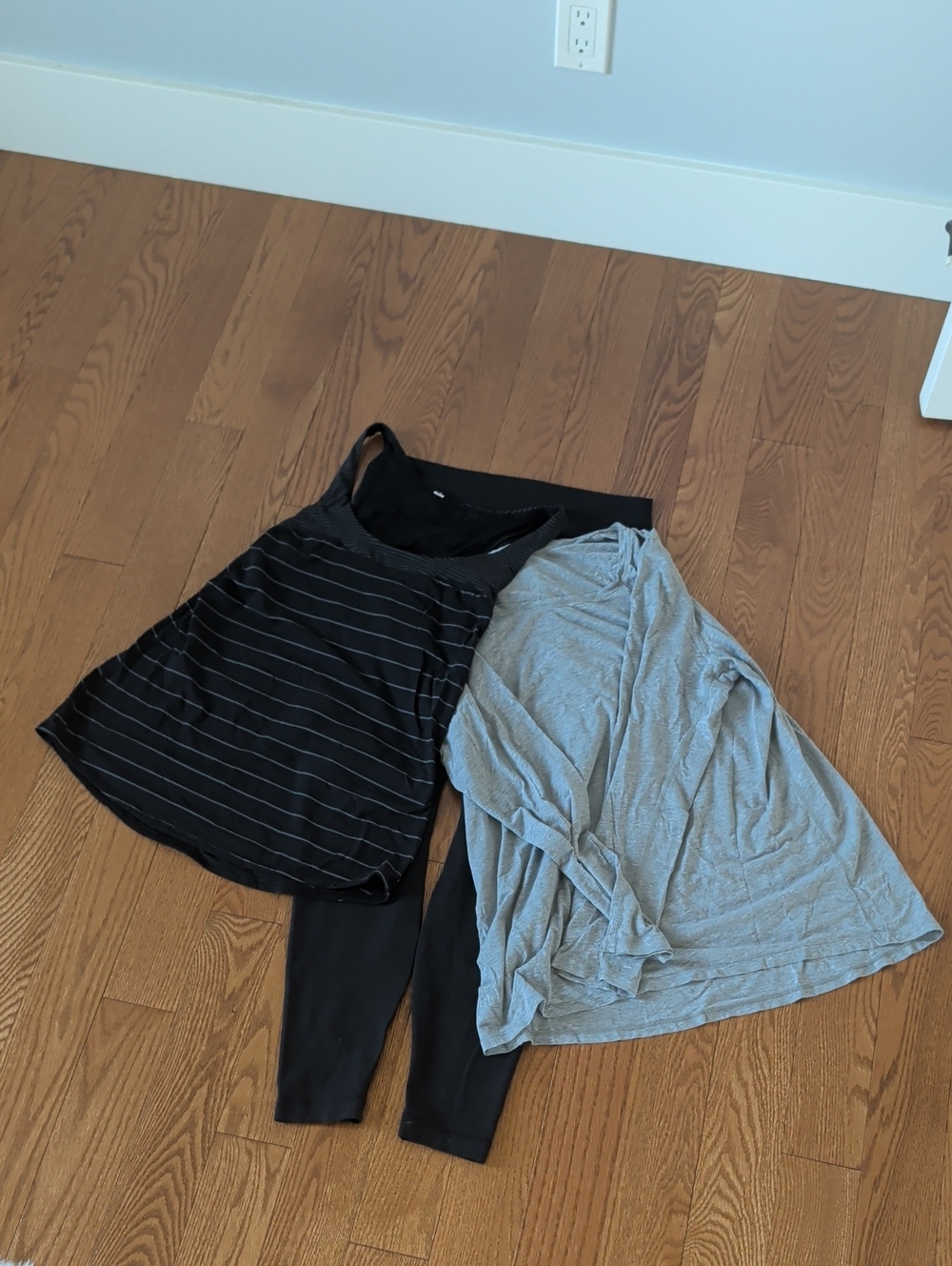 Black Striped Tank & Gray Long Sleeve & Black Lululemon Leggings